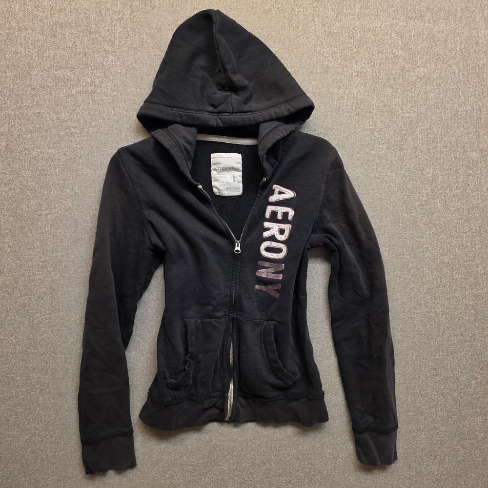 Aeropostale Cozy Womens AERONY Graphic Full Zip Y2K Hoodie Black Fleece Large